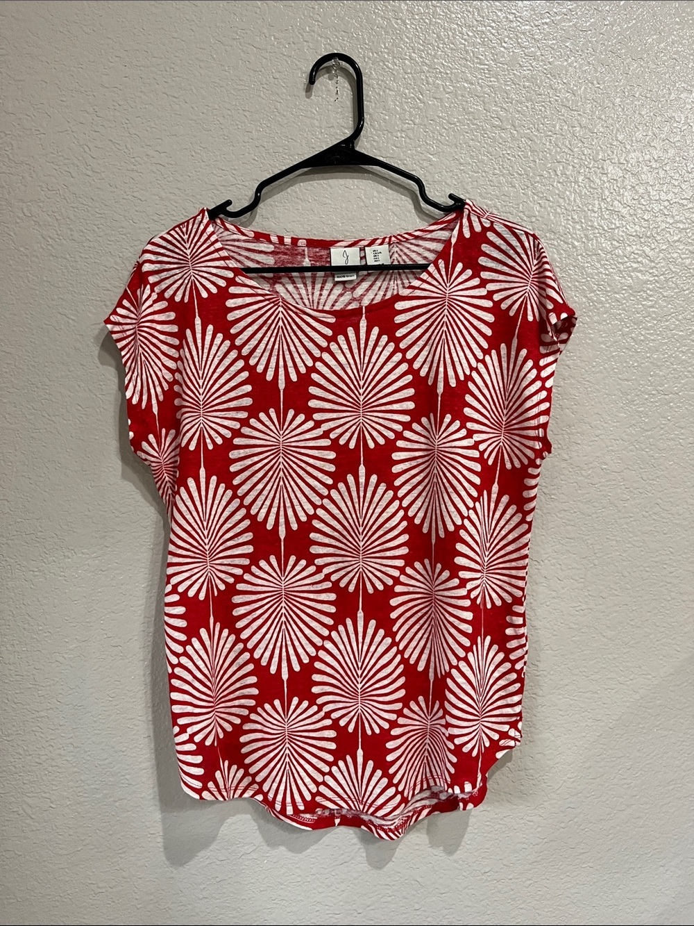 Joie Red Short Sleeve Top White Geometric Floral Print Sz L 100% Linen TC0430